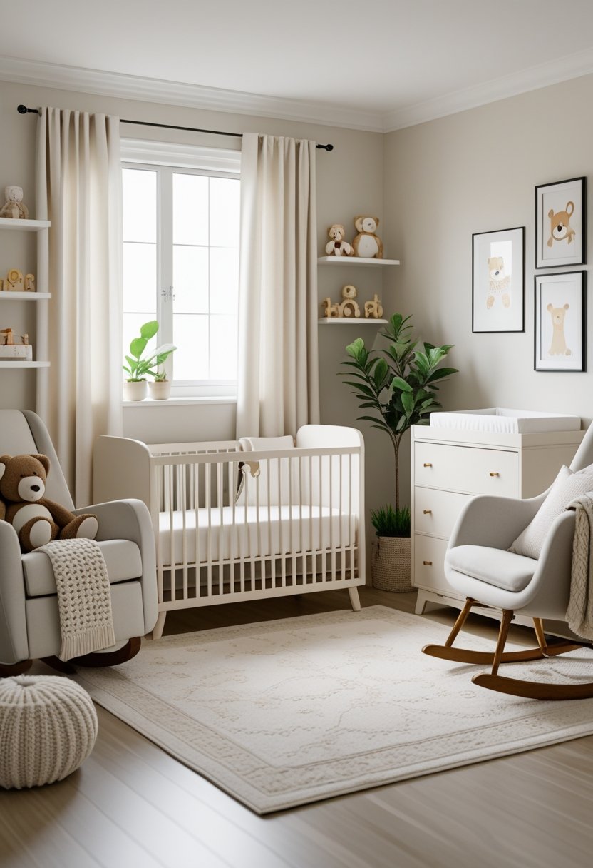 A baby boy nursery with a crib, teddy bear, rocking chair, neutral colors, and soft natural light.